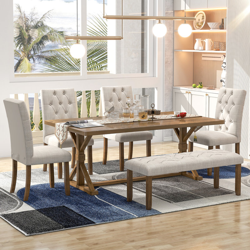 Fantina Farmhouse Style 6 Piece Double Pedestal Dining Set Kitchen Table set dinning Table Set Winston Porter Color Walnut